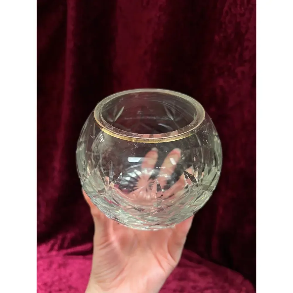 Vintage Cut Crystal Candle Holder - Rose Globe on Ornate Brass Pedestal Stand